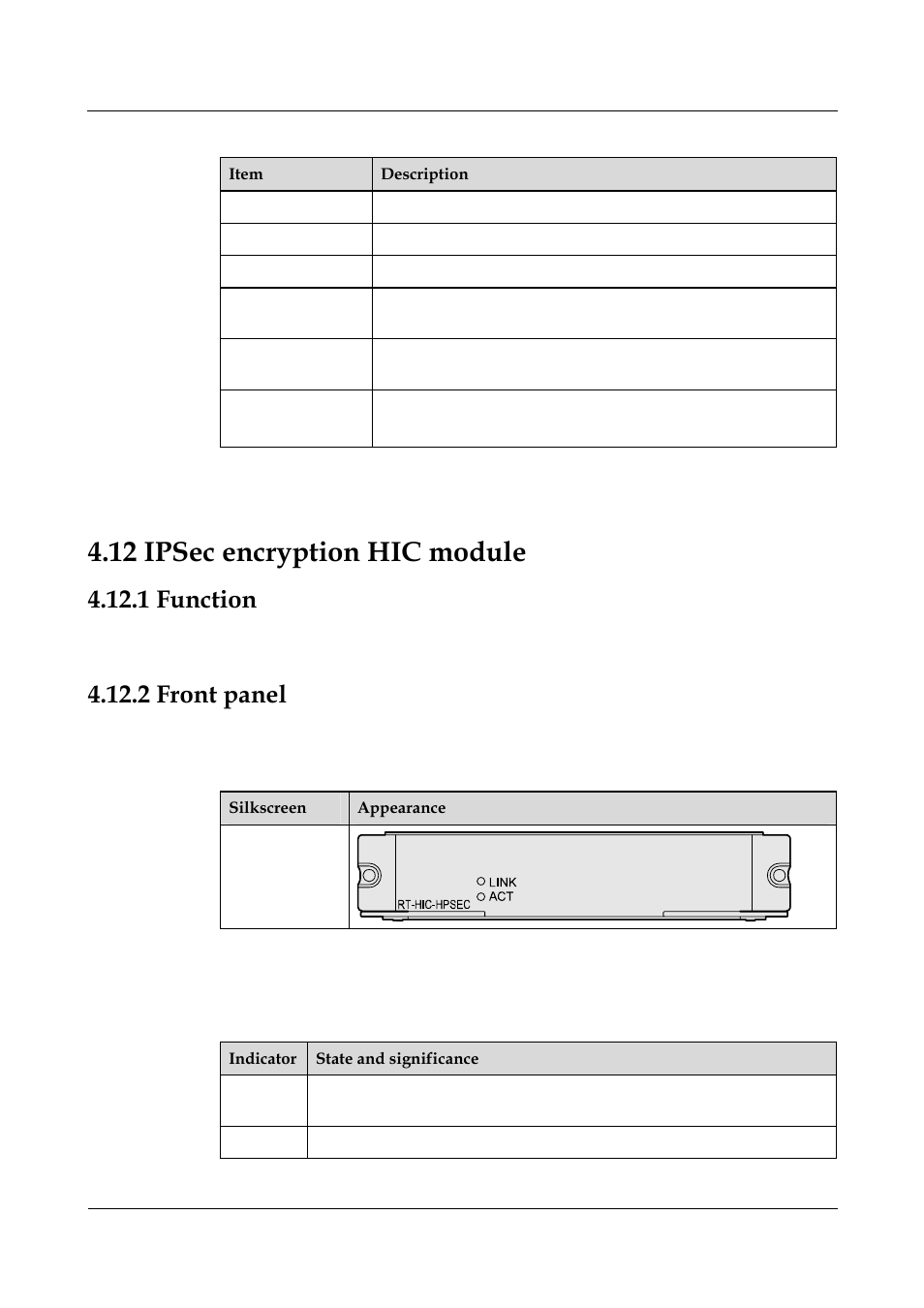 12 ipsec encryption hic module, 1 function, 2 front panel | Table 4-43 attributes of the hssi interface module | Panasonic 324566-A User Manual | Page 95 / 172