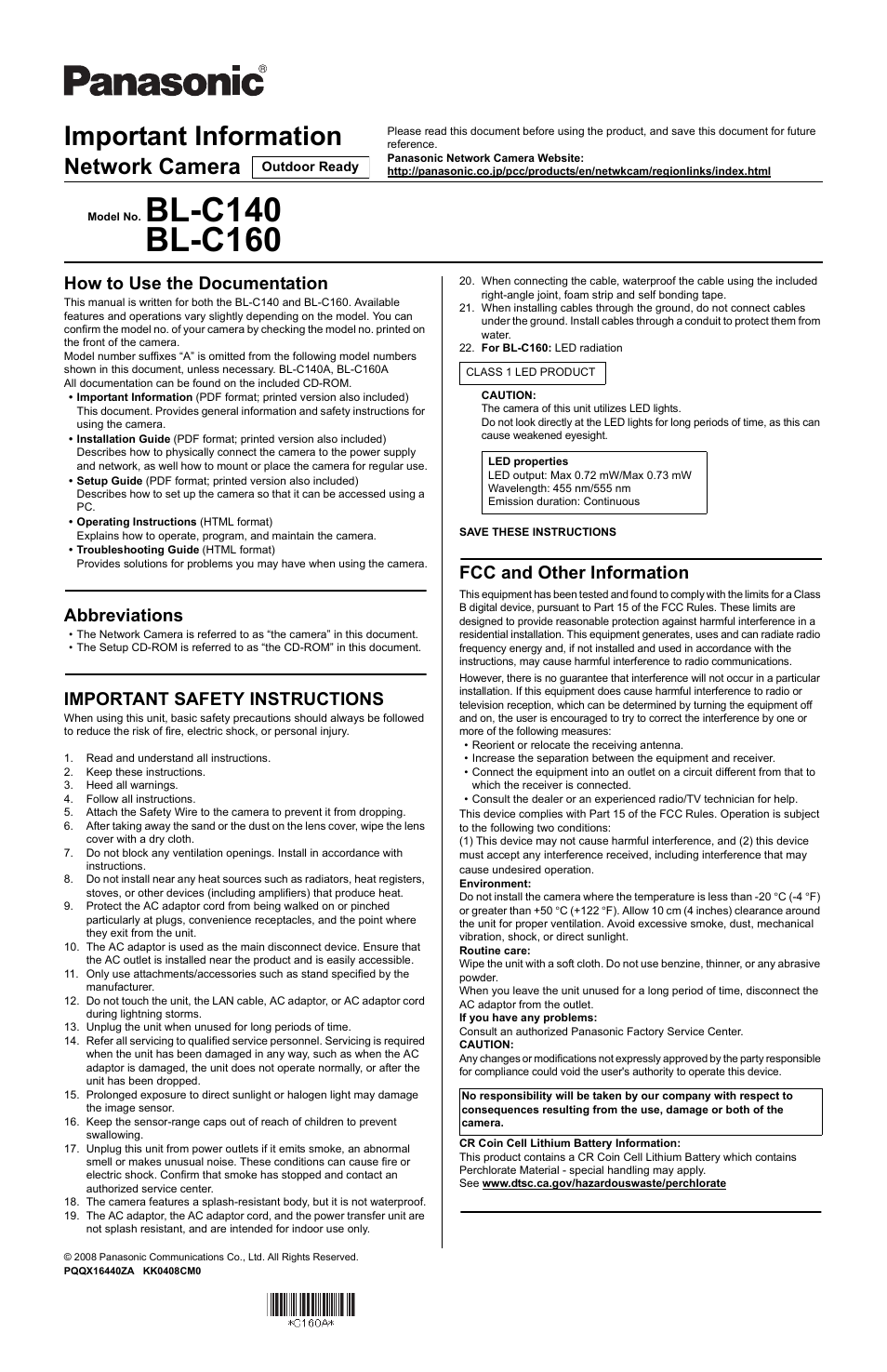 Panasonic BL-C160 User Manual | 2 pages