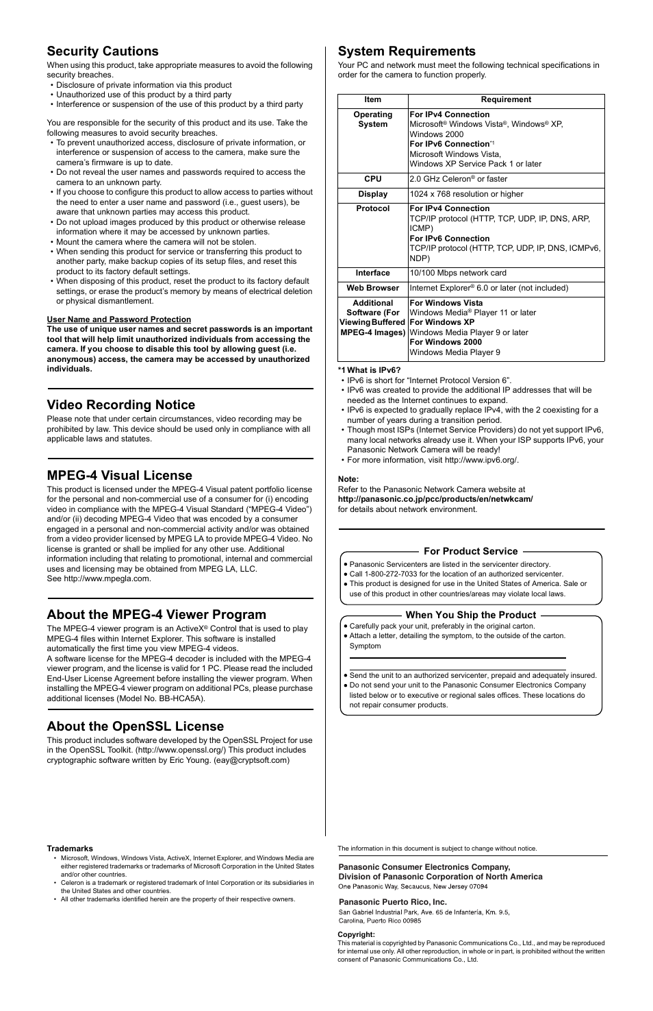 Security cautions, Video recording notice, Mpeg-4 visual license | About the mpeg-4 viewer program, About the openssl license, System requirements | Panasonic BL-C160 User Manual | Page 2 / 2