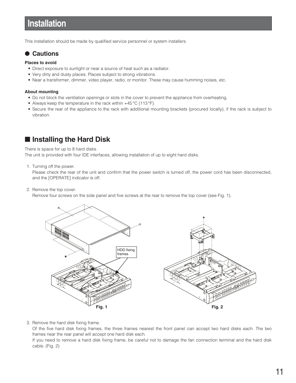 Installation, Installing the hard disk, Cautions | Panasonic WJ-RT208 User Manual | Page 11 / 62