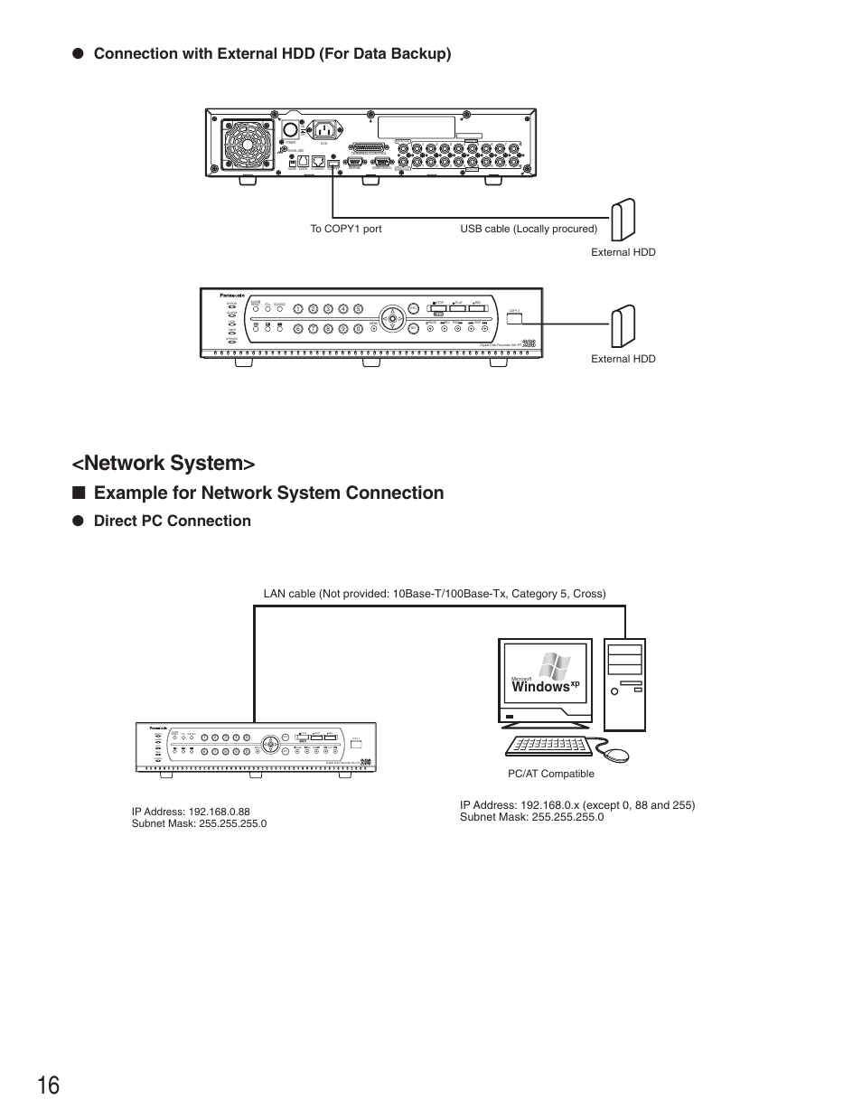 Network system, Example for network system connection, Connection with external hdd (for data backup) | Direct pc connection, Windows, Pc/at compatible | Panasonic WJ-RT208 User Manual | Page 16 / 62