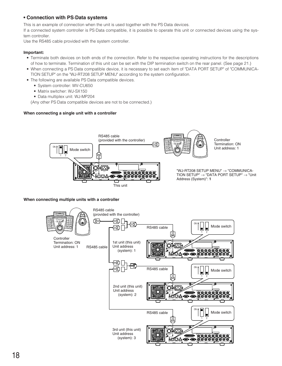 Connection with ps·data systems, System controller, When connecting multiple units with a controller | This unit, Mode switch, Controller termination: on unit address: 1 | Panasonic WJ-RT208 User Manual | Page 18 / 62