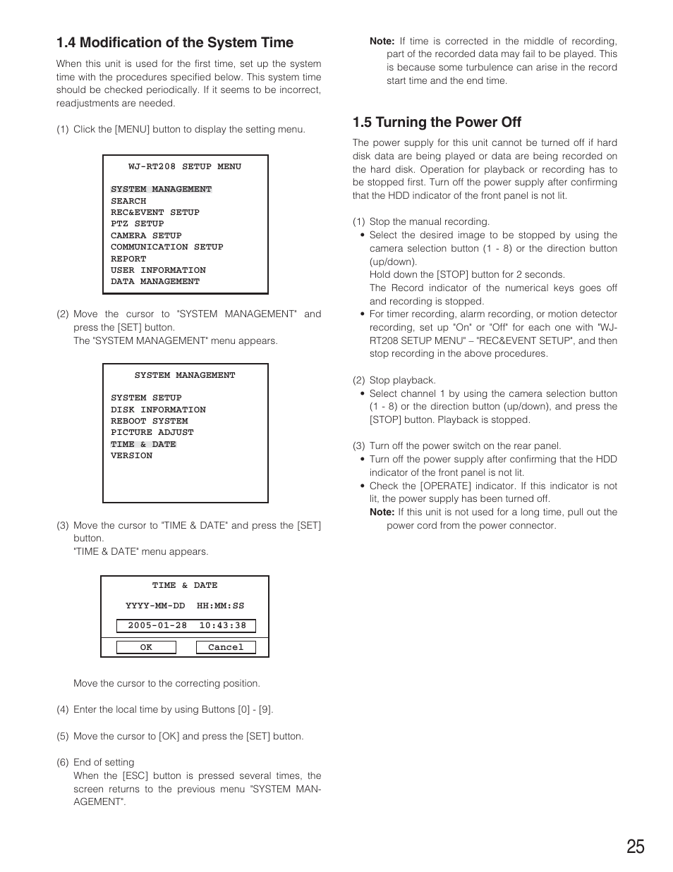 5 turning the power off, 4 modification of the system time | Panasonic WJ-RT208 User Manual | Page 25 / 62
