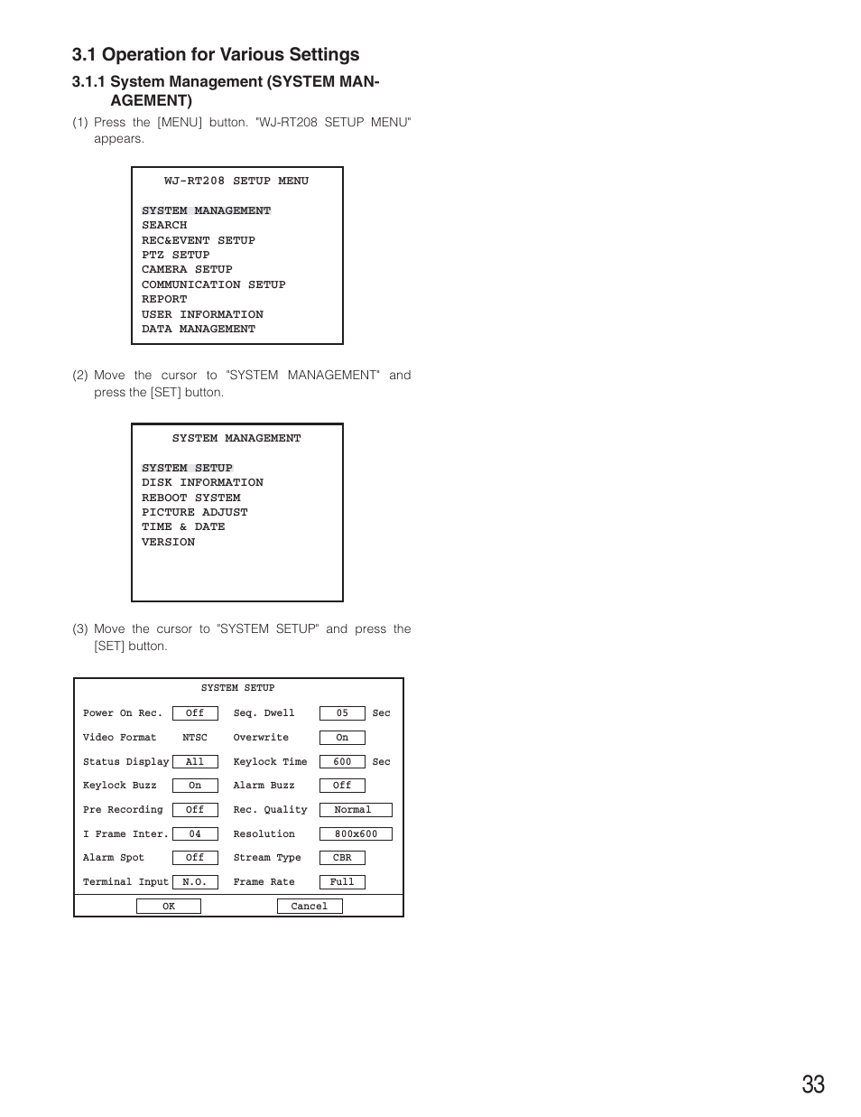 1 operation for various settings, 1 system management (system man- agement) | Panasonic WJ-RT208 User Manual | Page 33 / 62