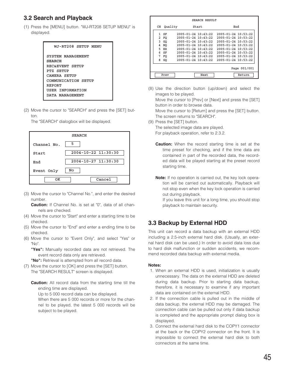 2 search and playback, 3 backup by external hdd | Panasonic WJ-RT208 User Manual | Page 45 / 62