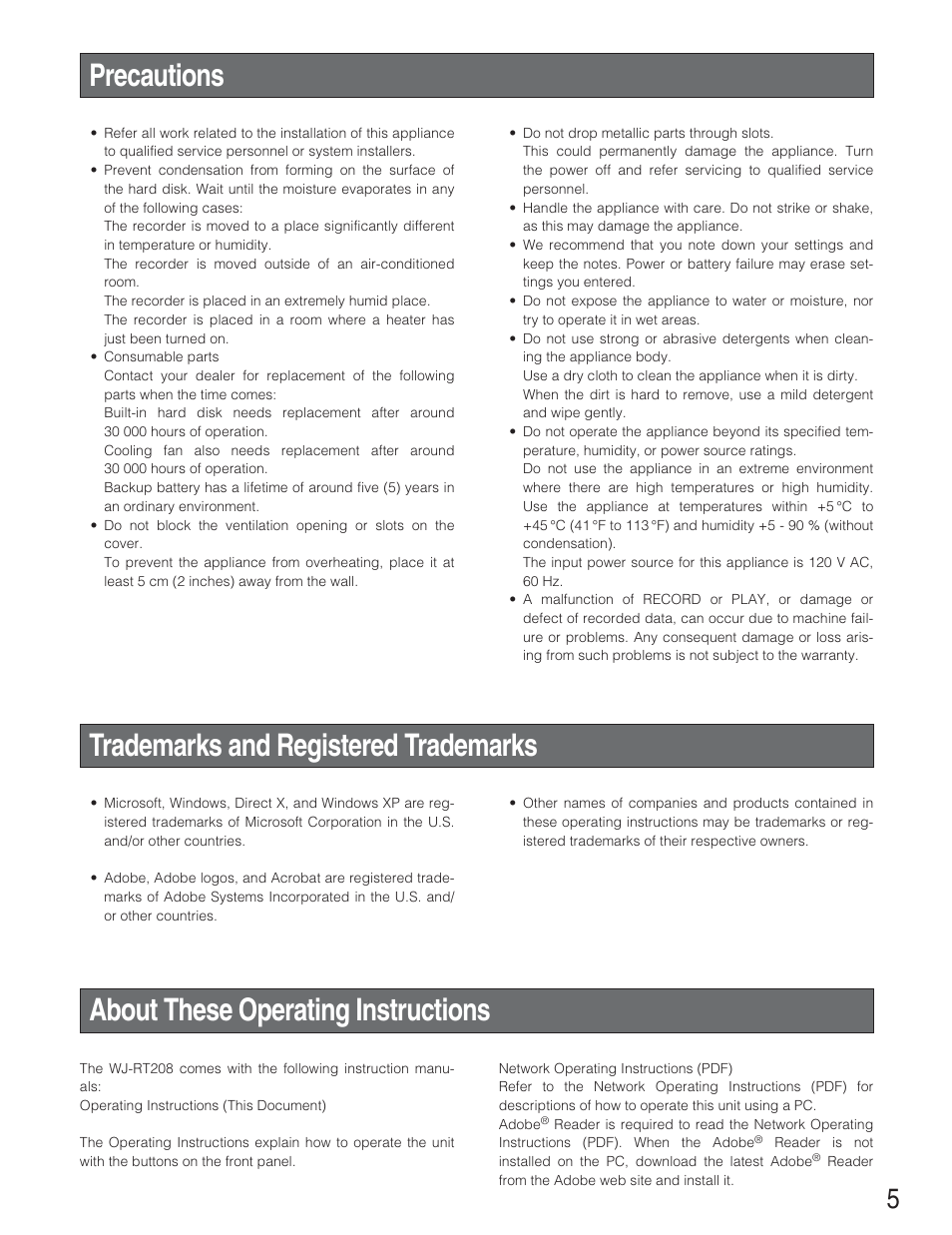 Precautions, Trademarks and registered trademarks, About these operating instructions | Panasonic WJ-RT208 User Manual | Page 5 / 62