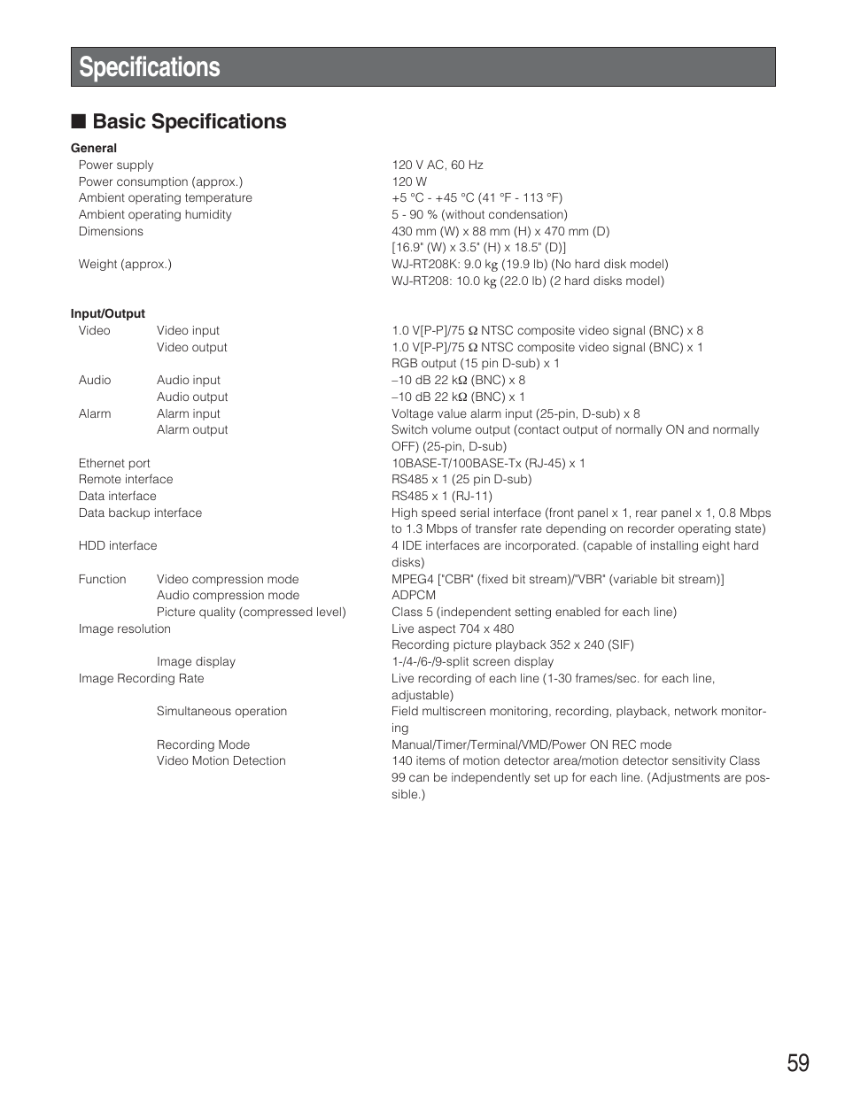 Specifications, Basic specifications | Panasonic WJ-RT208 User Manual | Page 59 / 62