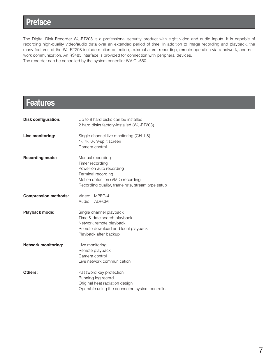 Preface, Features, Preface features | Panasonic WJ-RT208 User Manual | Page 7 / 62