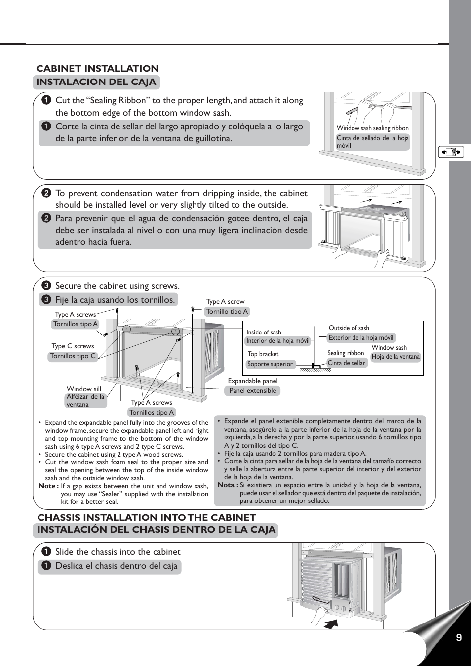 Cabinet installation, Chassis installation into the cabinet, Instalacion del caja | Instalacion del chasis dentro de la caja | Panasonic CW-C60YU User Manual | Page 10 / 23