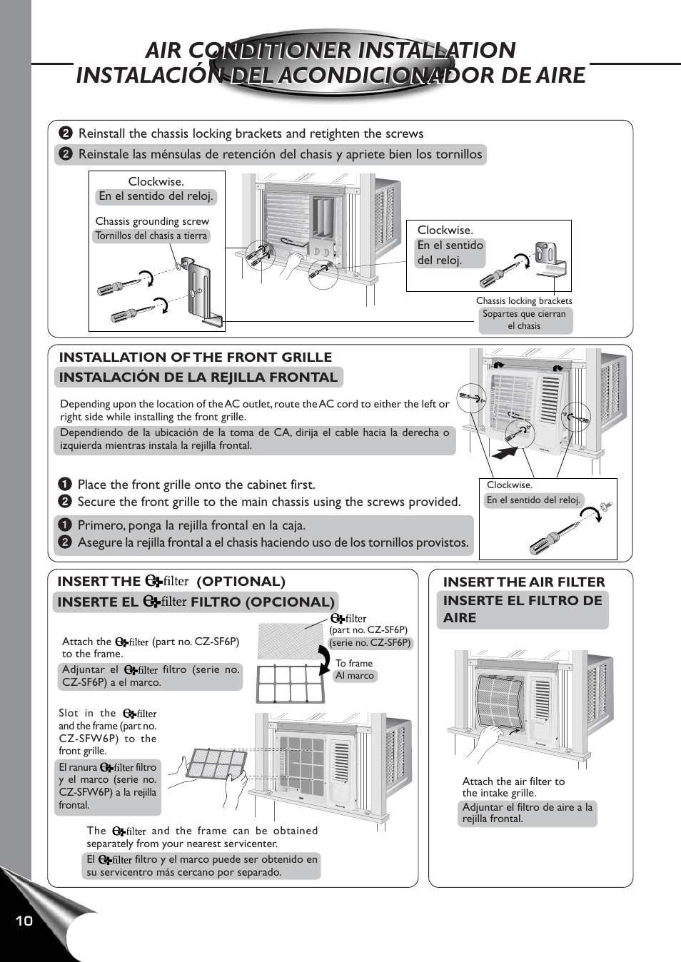 Installation of the front grille, Insert the e+filter (optional), Insert the air filter | Instalacion de la rejilla frontal, Inserte el e+filter filtro (opcional), Inserte el filtro de aire | Panasonic CW-C60YU User Manual | Page 11 / 23