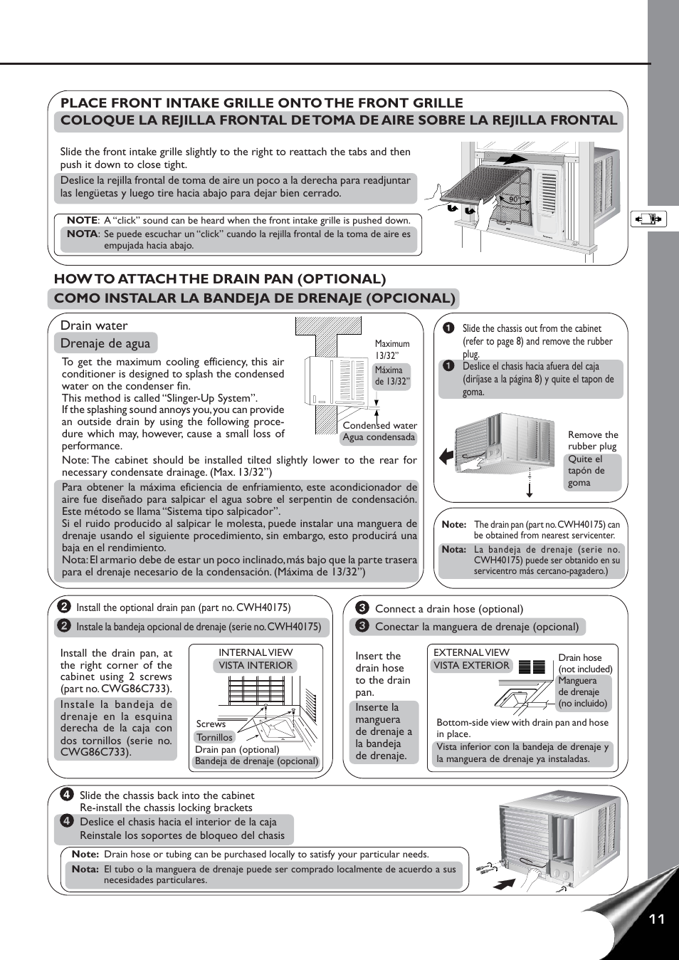Place front intake grille onto the front grille, How to attach the drain pan (optional), Como instalar la bandeja de drenaje (opcional) | Panasonic CW-C60YU User Manual | Page 12 / 23