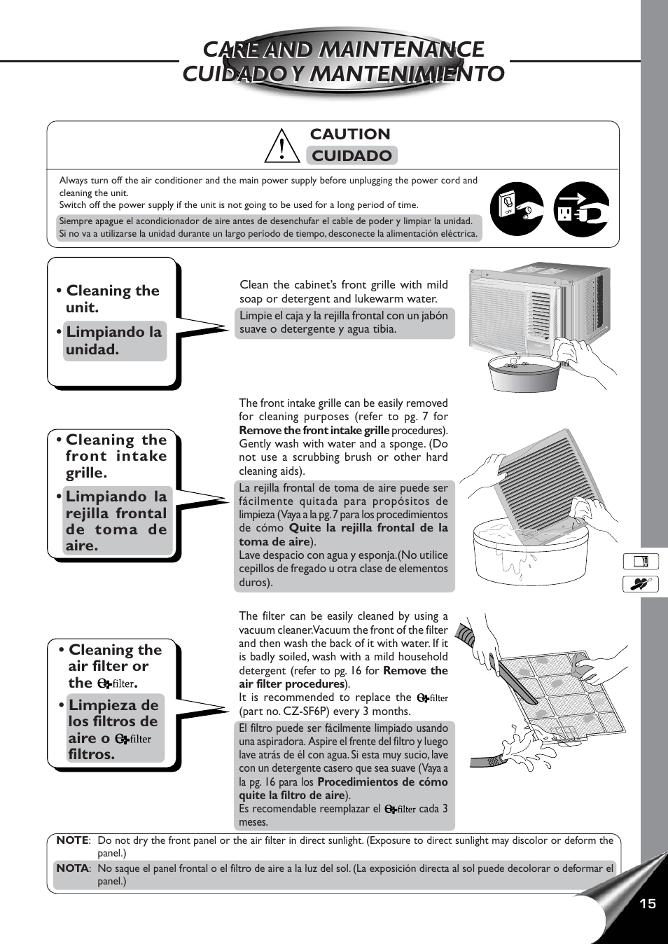 Care and maintenance, Cuidado y mantenimiento | Panasonic CW-C60YU User Manual | Page 16 / 23
