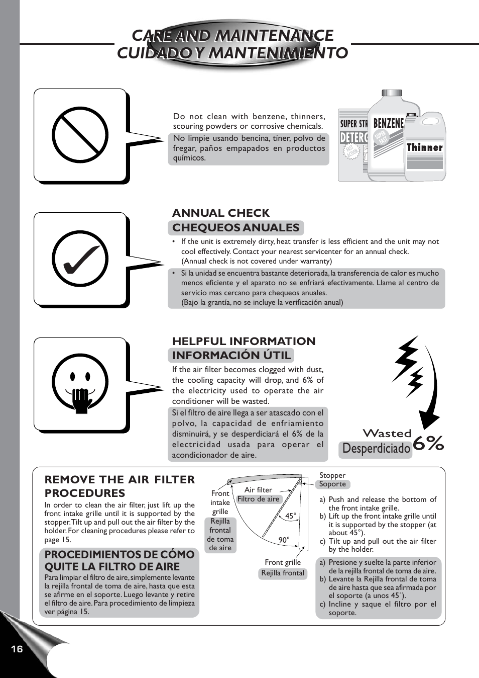 Desperdiciado, Helpful information información útil, Remove the air filter procedures | Procedimientos de cómo quite la filtro de aire, Annual check chequeos anuales | Panasonic CW-C60YU User Manual | Page 17 / 23