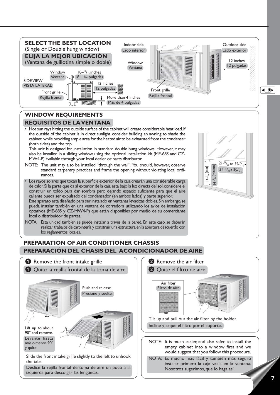 Select the best location, Window requirements, Preparation of air conditioner chassis | Elija la mejor ubicacion, Requisitos de la ventana, Preparacion del chasis del acondicionador de aire, Window requirements requisitos de la ventana, 2 remove the air filter 2 quite el filtro de aire | Panasonic CW-C60YU User Manual | Page 8 / 23