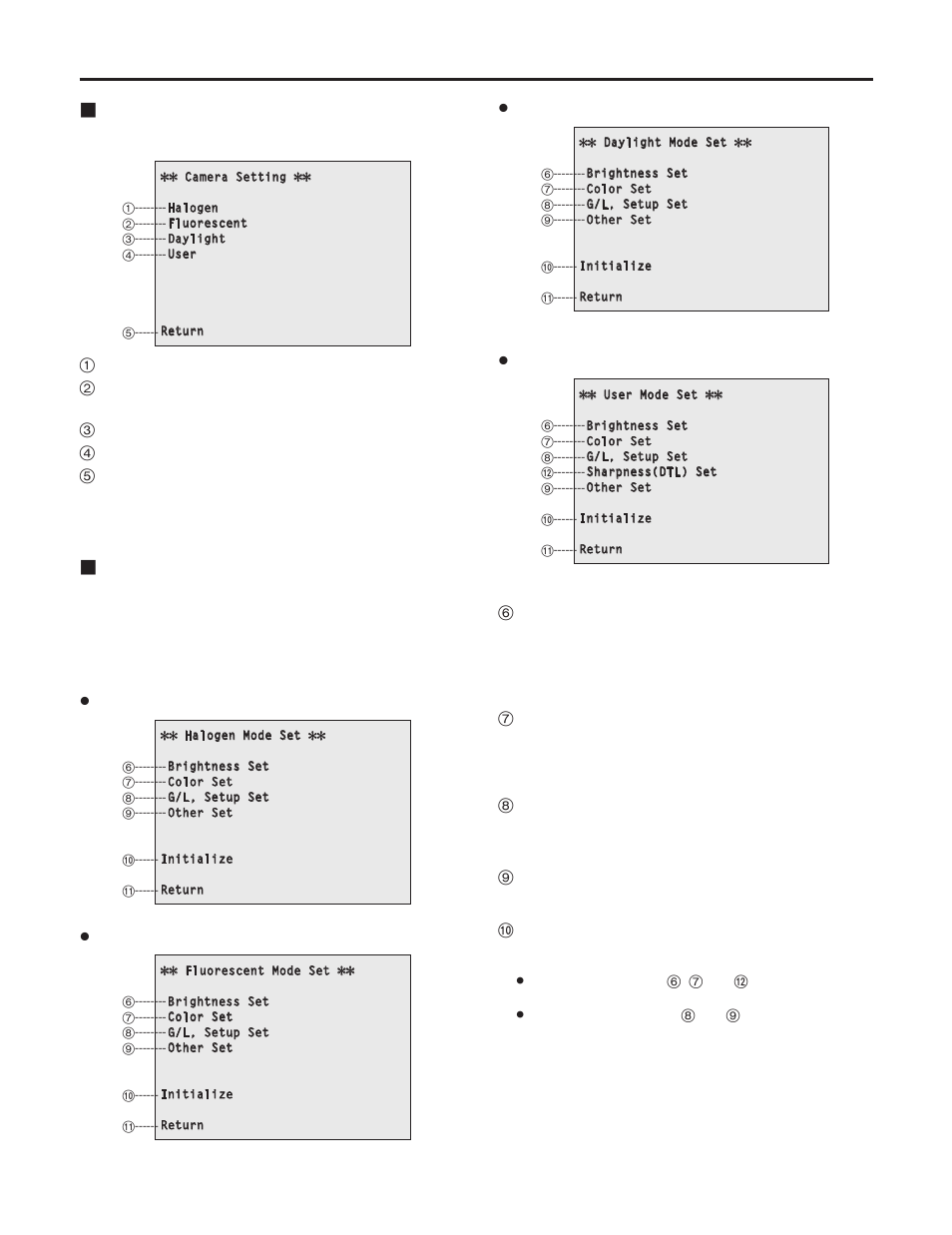 Setting the menu items, Camera setting menu, Shooting mode setting menus | Panasonic AW-HE100 User Manual | Page 12 / 19