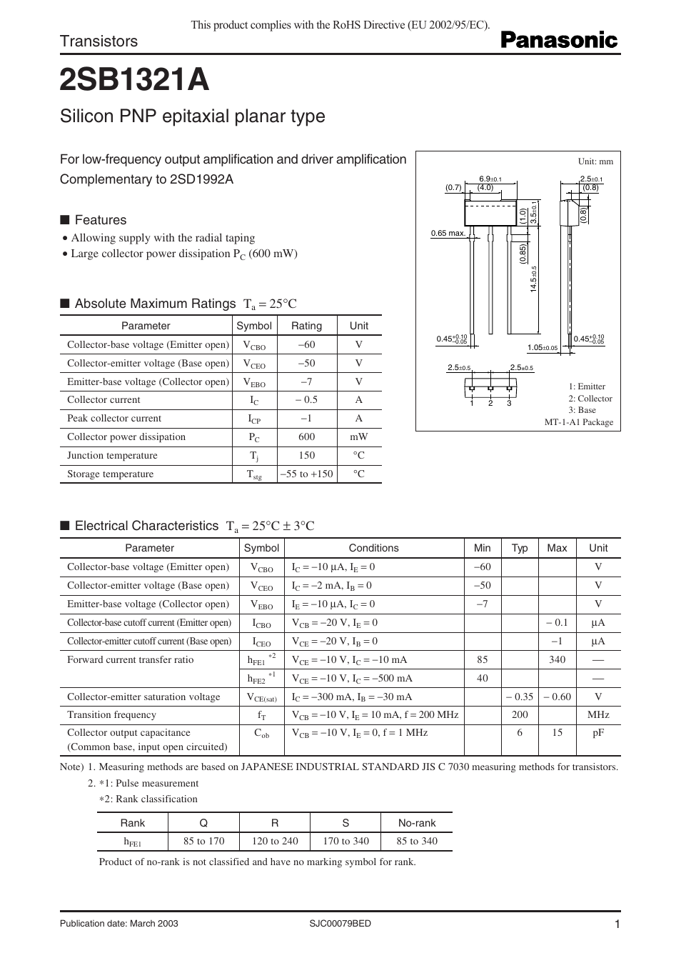 Panasonic 2SB1321A User Manual | 4 pages