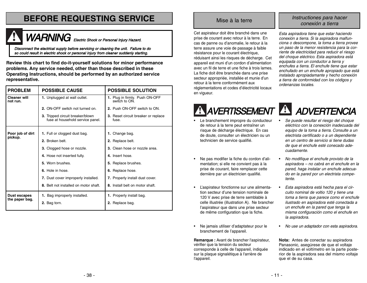 Mise a la terre, Instructiones para hacer conexion a tierra, Wwa ar rn niin ng g | Aav ve er rt tiis ss se em me en nt t, Aad dv ve er rt te en nc ciia a, Before requesting service | Panasonic MC-V5204 User Manual | Page 11 / 48