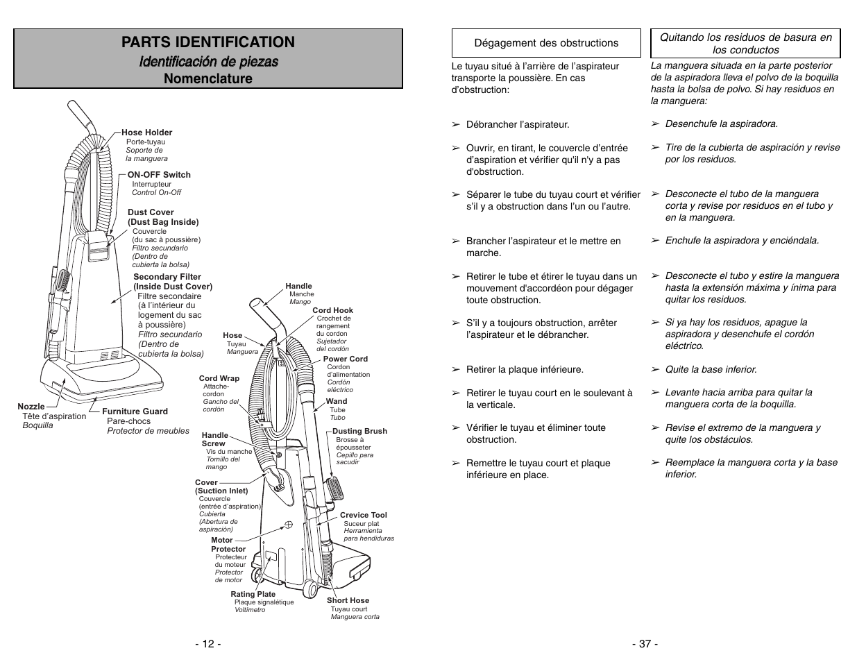 Parts identification, Nomenclature, Identificacion de piezas | Panasonic MC-V5204 User Manual | Page 12 / 48