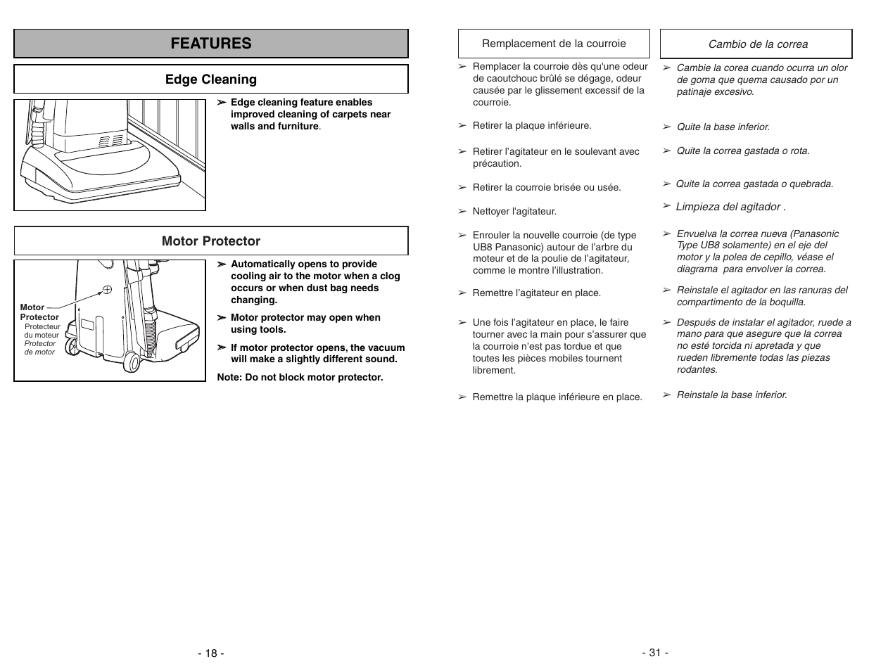 Features, Edge cleaning, Motor protector | Panasonic MC-V5204 User Manual | Page 18 / 48