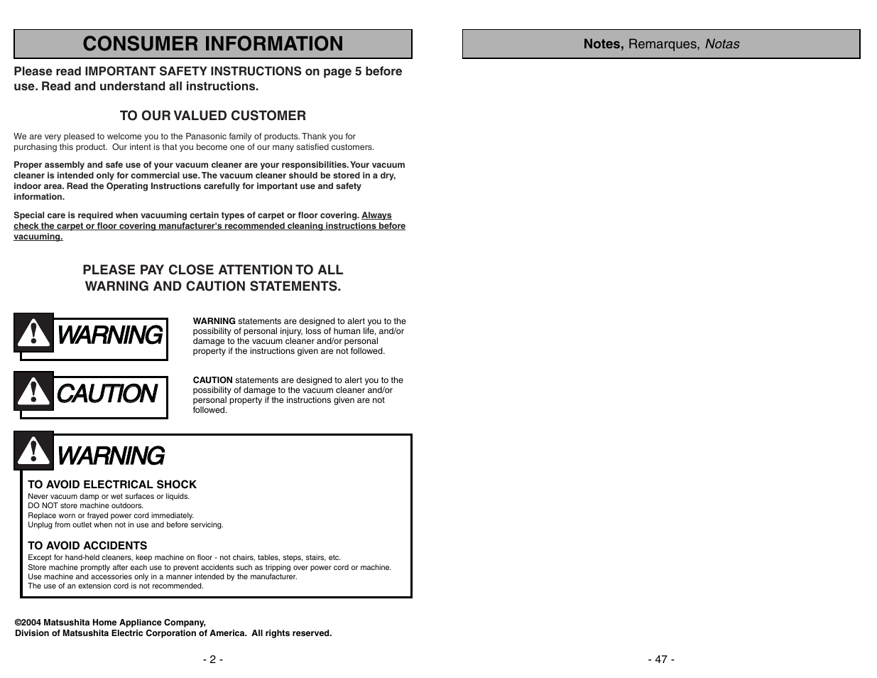 Consumer information, Wwa ar rn niin ng g, Cca au ut tiio on n | Panasonic MC-V5204 User Manual | Page 2 / 48