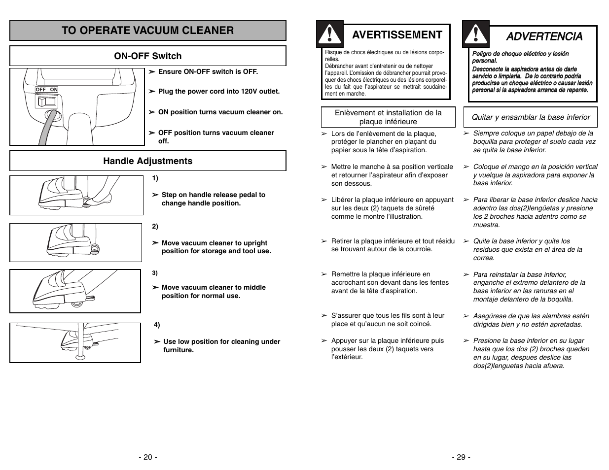 To operate vacuum cleaner, On-off switch, Handle adjustments | Aad dv ve er rt te en nc ciia a, Avertissement | Panasonic MC-V5204 User Manual | Page 20 / 48