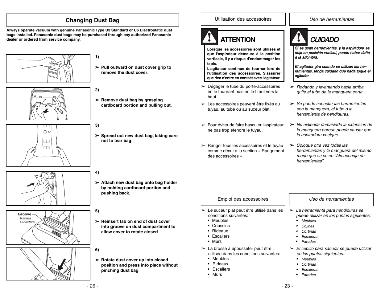 Utilisation des accessoires, Emploi des accessoires, Uso de herramientas | Ccu uiid da ad do o, Attention, Changing dust bag | Panasonic MC-V5204 User Manual | Page 23 / 48