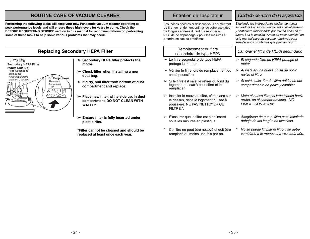 Routine care of vacuum cleaner, Replacing secondary hepa filter, Carpet barefloor (tools) | Panasonic MC-V5204 User Manual | Page 24 / 48