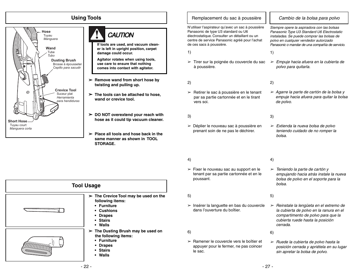 Replacement du sac a poussiere, Cambio de la bolsa para polvo, Cca au ut tiio on n | Using tools, Tool usage | Panasonic MC-V5204 User Manual | Page 27 / 48