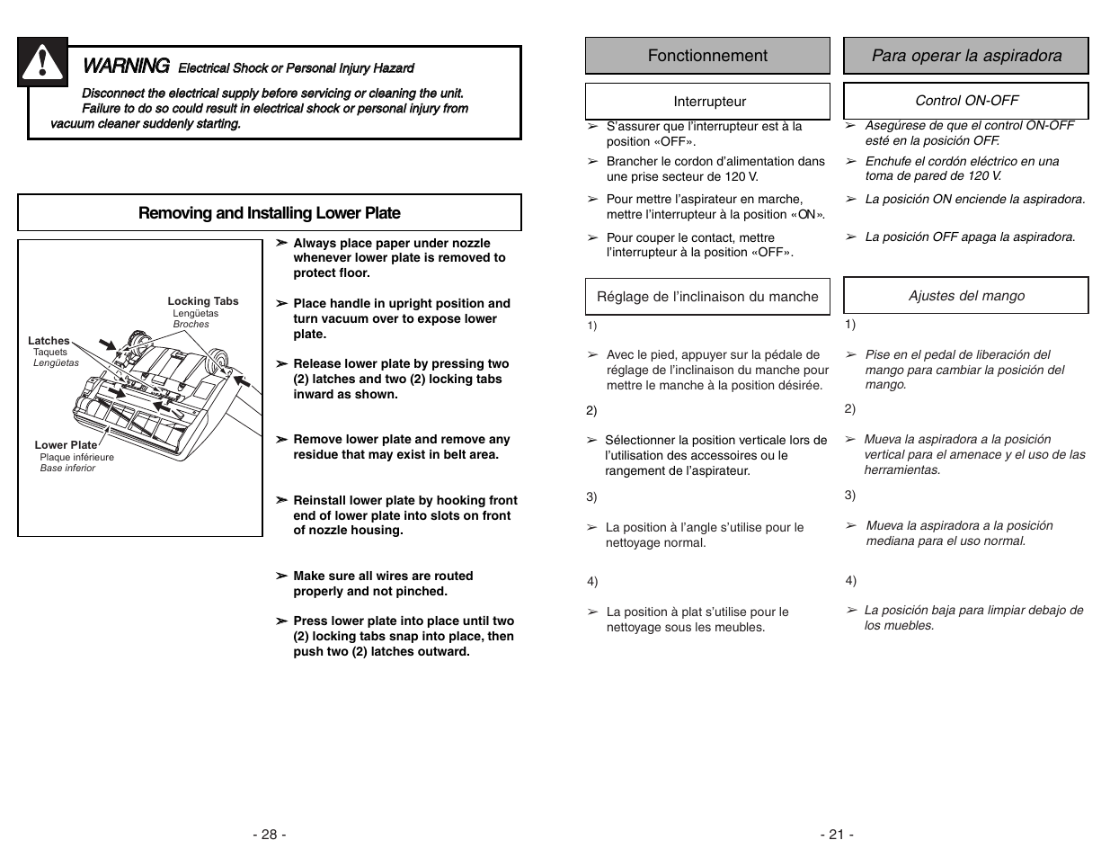 Removing and installing lower plate, Wwa ar rn niin ng g | Panasonic MC-V5204 User Manual | Page 28 / 48