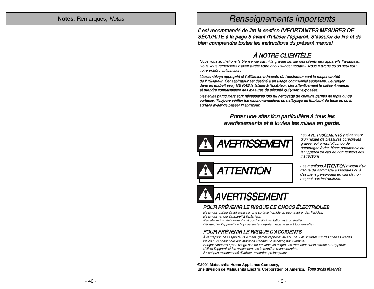 Renseignements importants, Aat tt te en nt tiio on n, Aav ve er rt tiis ss se em me en nt t | Panasonic MC-V5204 User Manual | Page 3 / 48