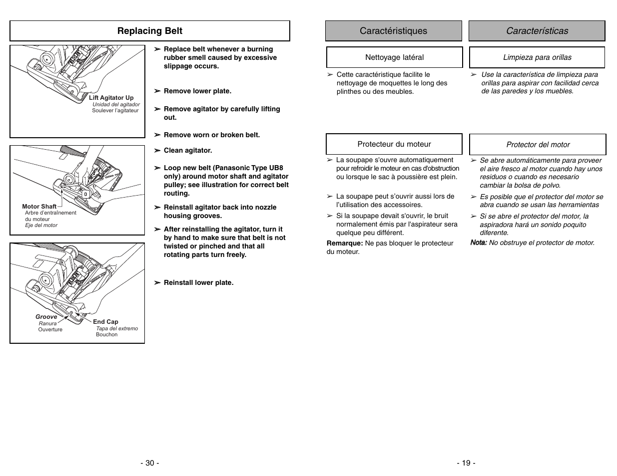 Replacing belt, Características caractéristiques | Panasonic MC-V5204 User Manual | Page 30 / 48