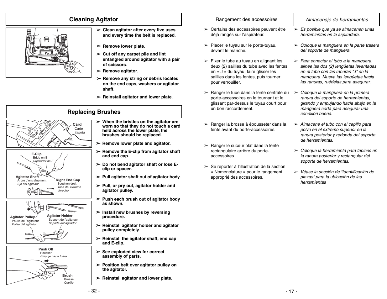 Cleaning agitator, Replacing brushes | Panasonic MC-V5204 User Manual | Page 32 / 48