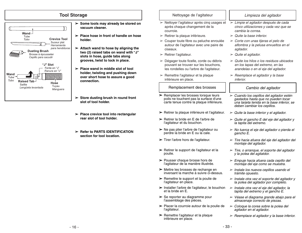 Nettoyage de l'agitator, Replacement des brosses, Limpieza del agitador | Cambio del agitador, Tool storage | Panasonic MC-V5204 User Manual | Page 33 / 48