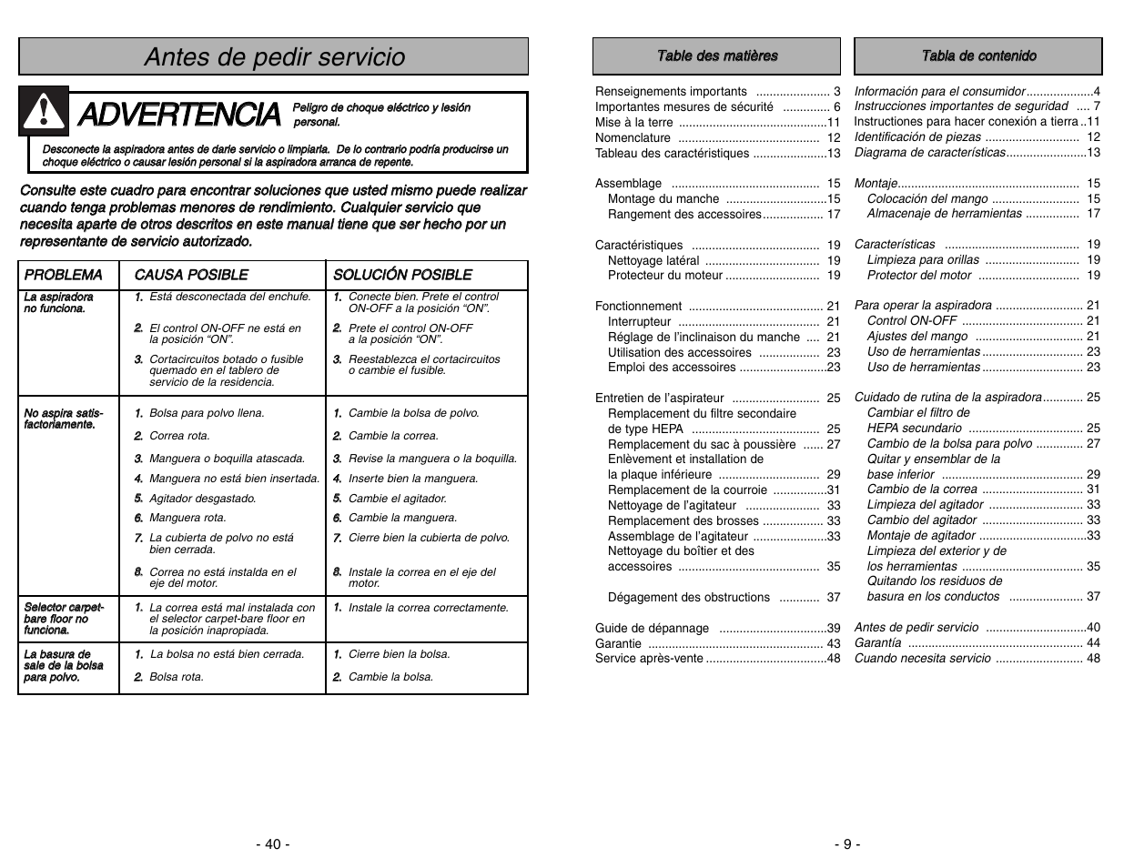 Antes de pedir dervicio, Aad dv ve er rt te en nc ciia a, Antes de pedir servicio | Panasonic MC-V5204 User Manual | Page 40 / 48