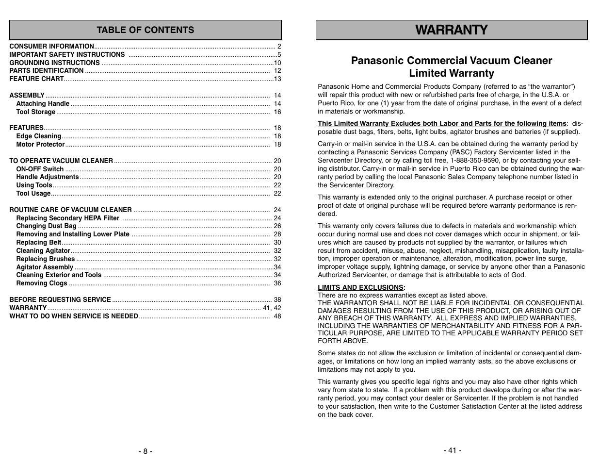 Warranty | Panasonic MC-V5204 User Manual | Page 41 / 48