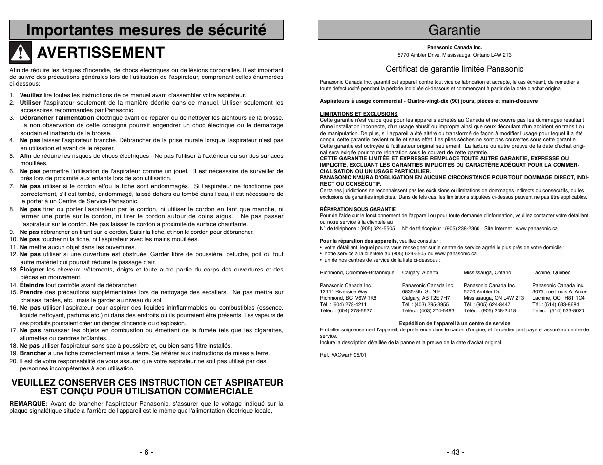 Garantie, Importantes mesures de sécurité avertissement, Certificat de garantie limitée panasonic | Panasonic MC-V5204 User Manual | Page 43 / 48