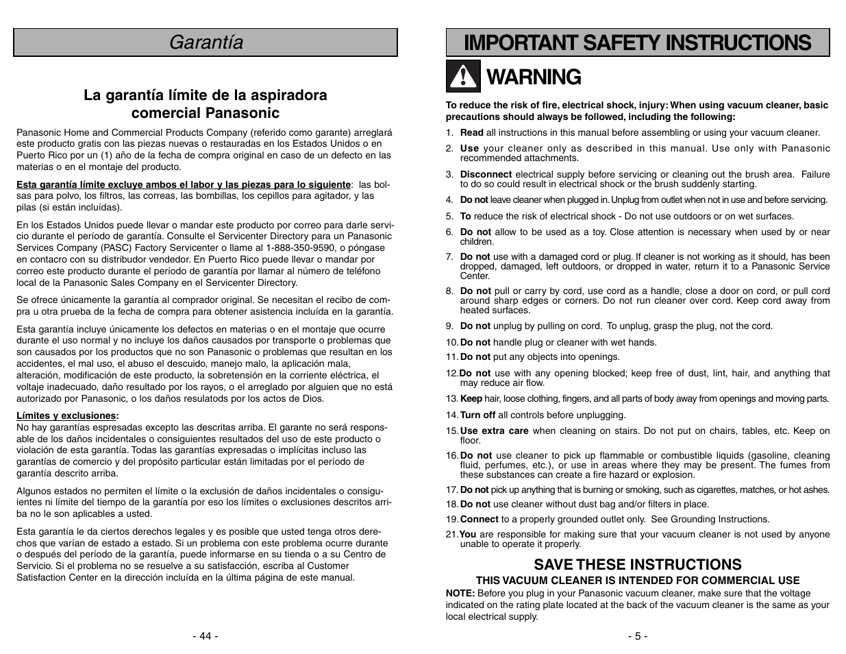 Garantia, Warning, Important safety instructions | Garantía, Save these instructions | Panasonic MC-V5204 User Manual | Page 44 / 48