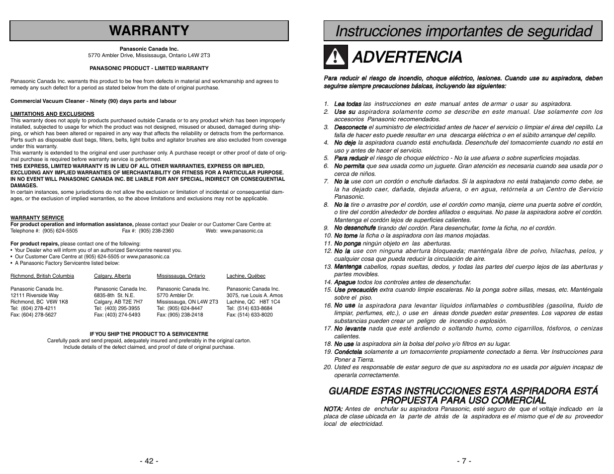 Instrucciones importantes de seguridad, Warranty | Panasonic MC-V5204 User Manual | Page 7 / 48