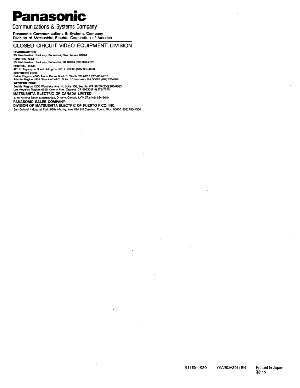 Closed circuit video equipment division, Panasonic | Panasonic WV-7140 User Manual | Page 10 / 10