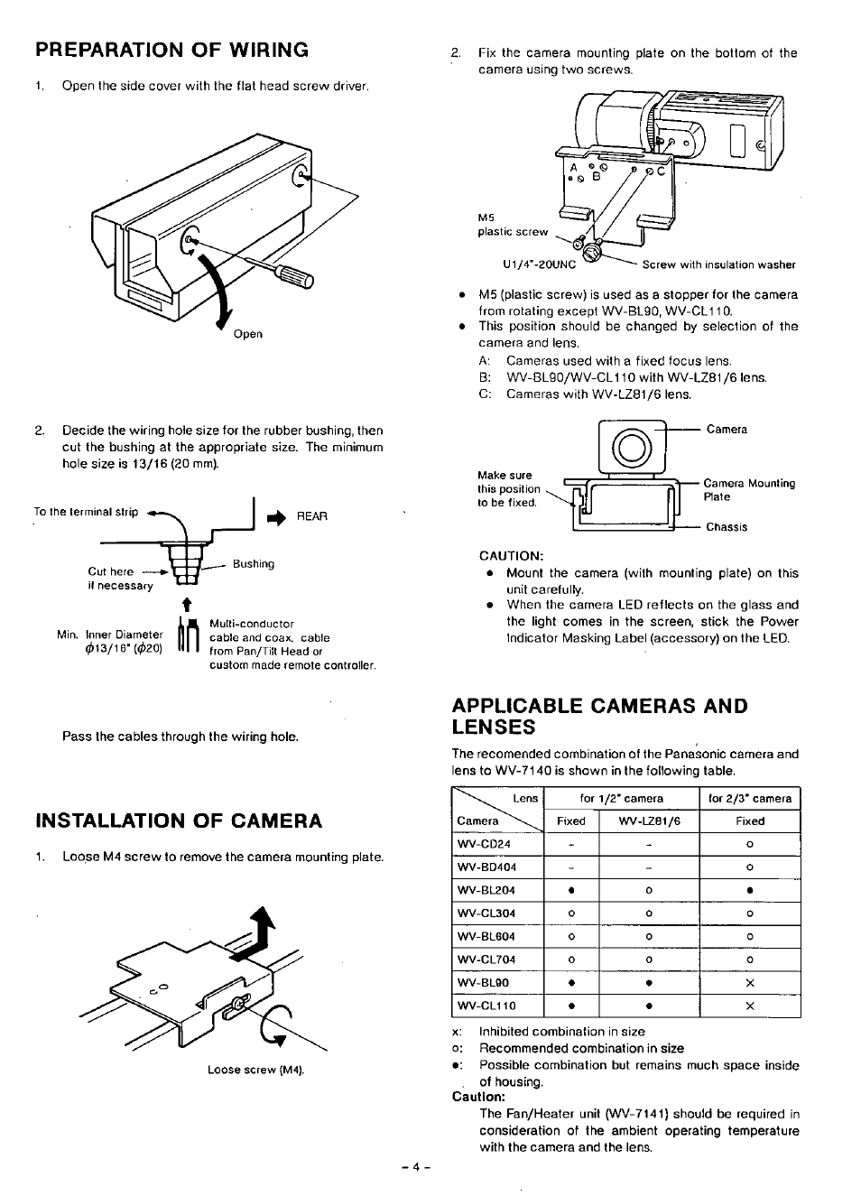 Installation of camera, Applicable cameras and lenses, Preparation of wiring | Panasonic WV-7140 User Manual | Page 5 / 10