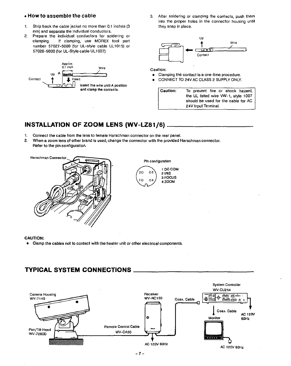 How to assemble the cable, Installation of zoom lens (wv-lz81/6), Typical system connections | Panasonic WV-7140 User Manual | Page 8 / 10