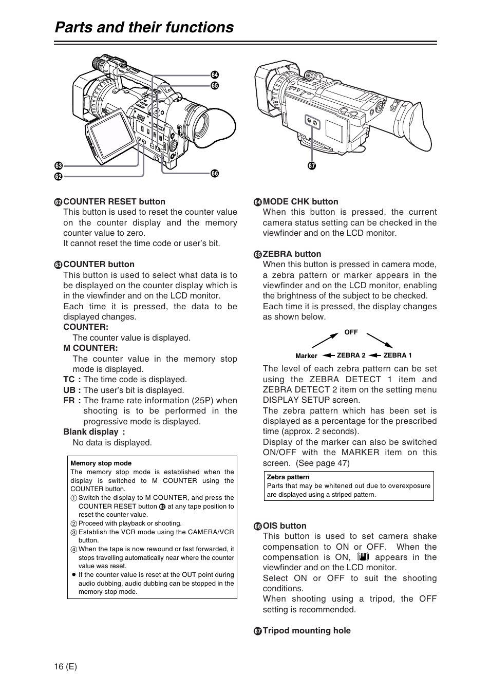 Parts and their functions | Panasonic AG-DVX100A User Manual | Page 16 / 72