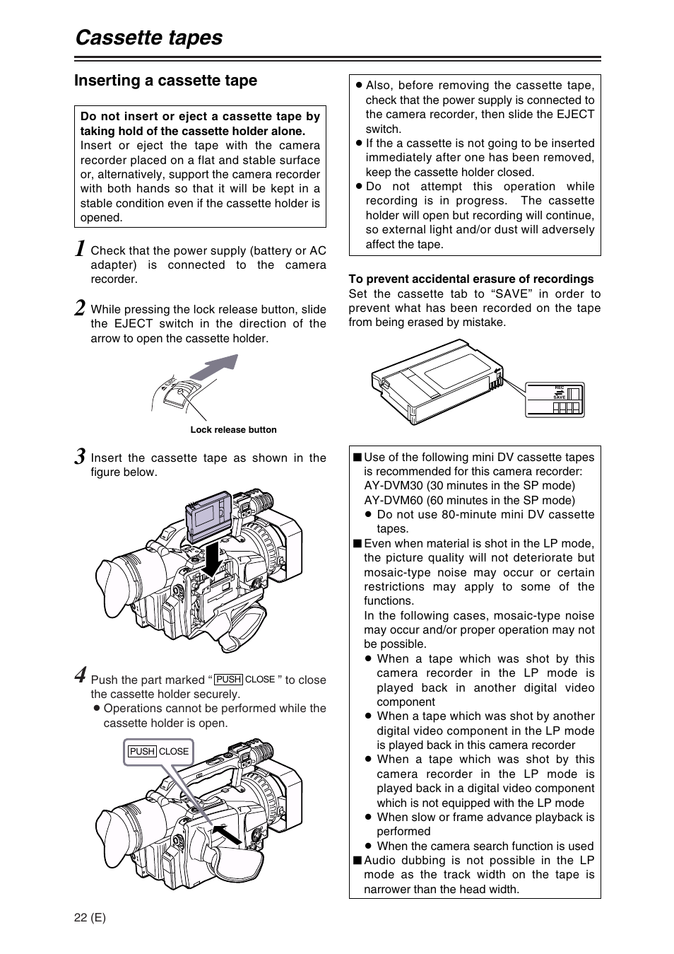 Cassette tapes, Inserting a cassette tape | Panasonic AG-DVX100A User Manual | Page 22 / 72