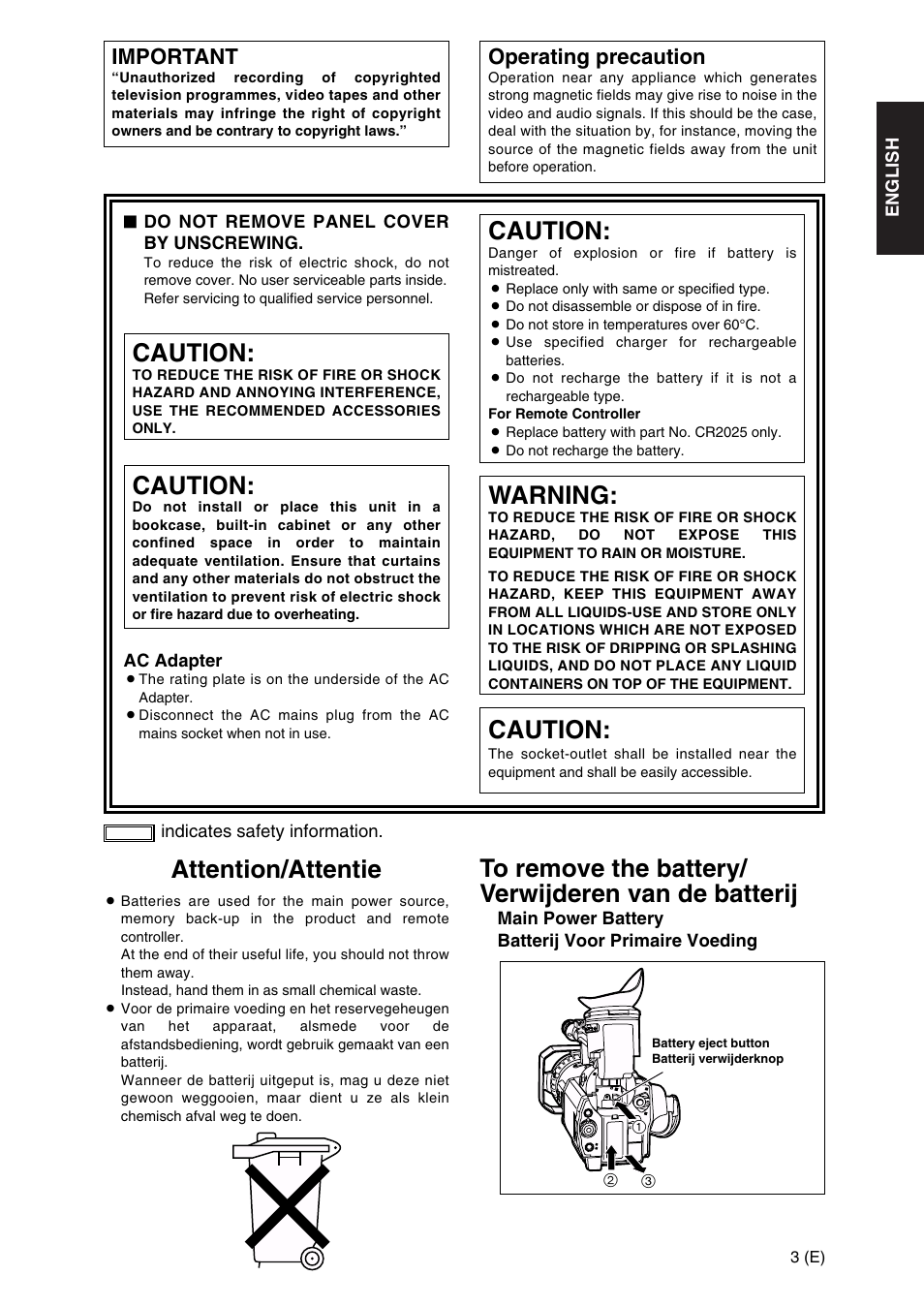 Caution, Warning, Important | Operating precaution | Panasonic AG-DVX100A User Manual | Page 3 / 72