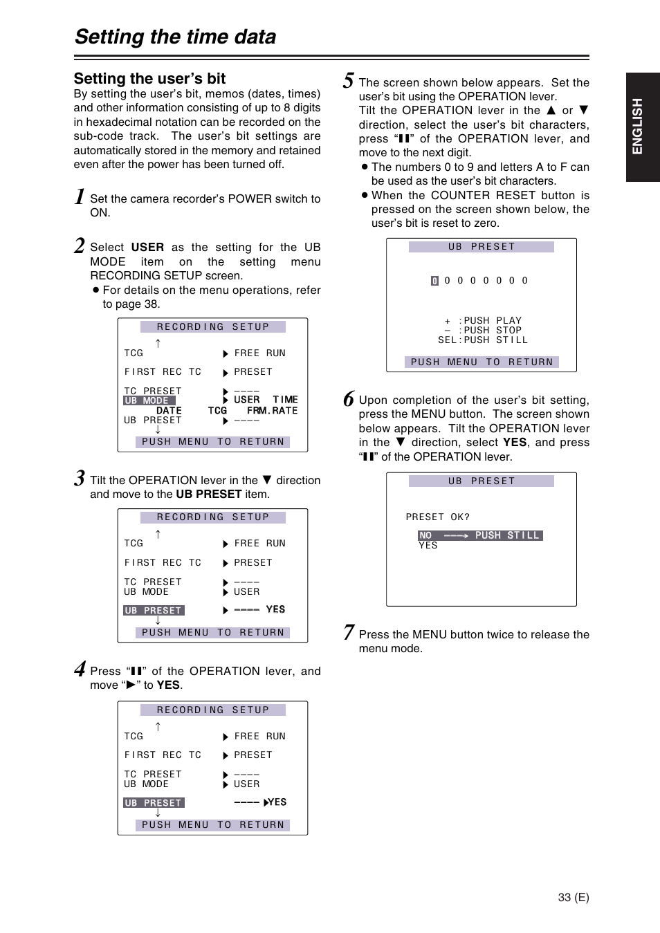 Setting the time data, Setting the user’s bit, English | 33 (e), Set the camera recorder’s power switch to on | Panasonic AG-DVX100A User Manual | Page 33 / 72