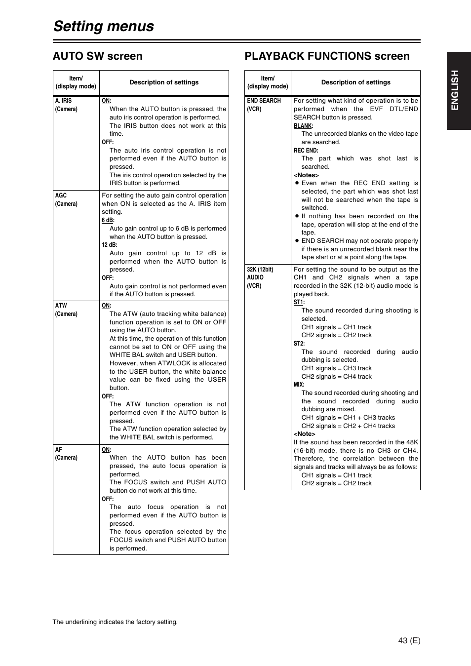 Setting menus, Auto sw screen, Playback functions screen | English | Panasonic AG-DVX100A User Manual | Page 43 / 72