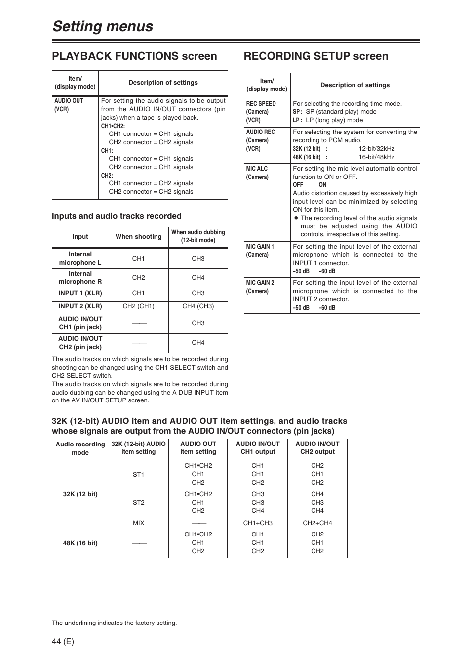 Setting menus, Playback functions screen, Recording setup screen | 44 (e), Inputs and audio tracks recorded | Panasonic AG-DVX100A User Manual | Page 44 / 72