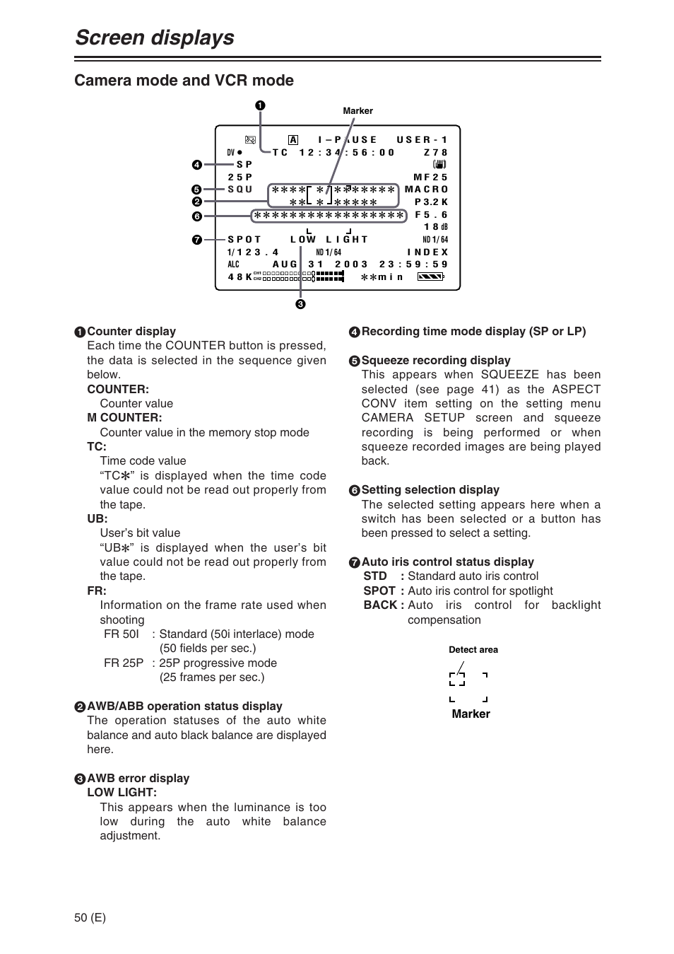 Screen displays, Camera mode and vcr mode | Panasonic AG-DVX100A User Manual | Page 50 / 72