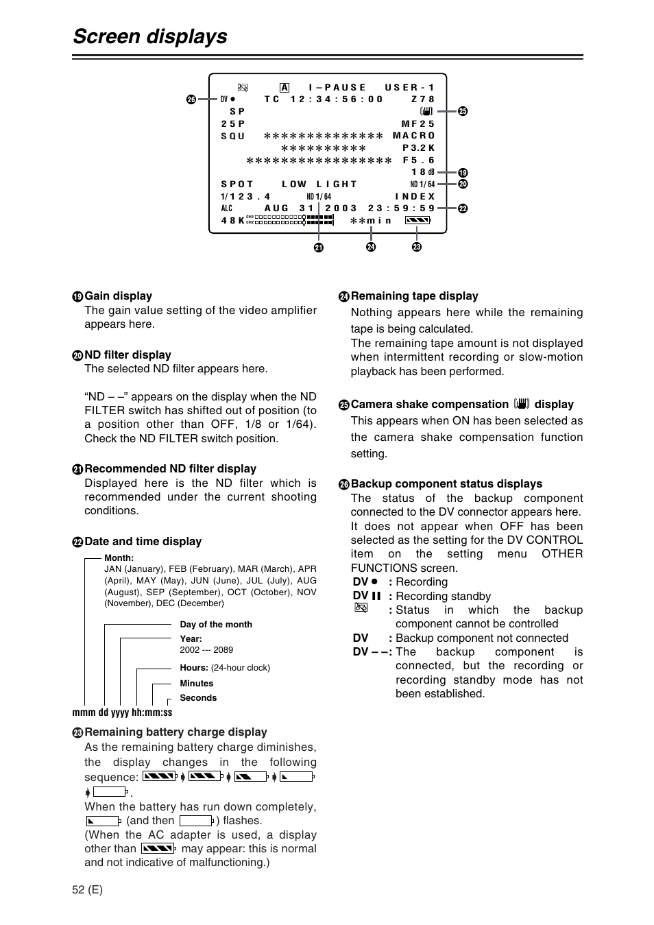 Screen displays | Panasonic AG-DVX100A User Manual | Page 52 / 72