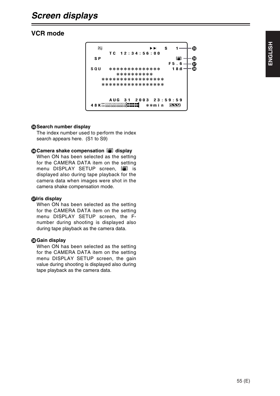 Screen displays, Vcr mode, English | Panasonic AG-DVX100A User Manual | Page 55 / 72